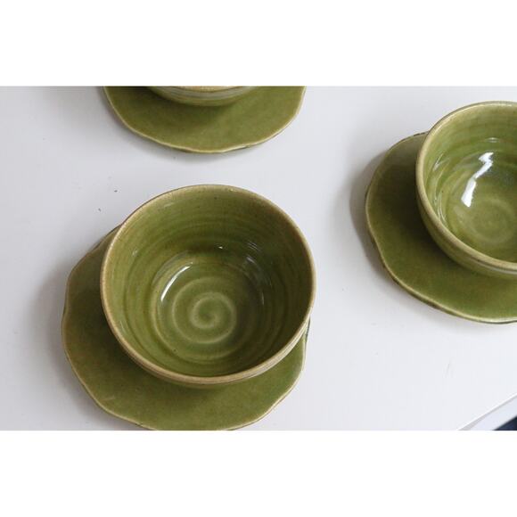 1980's Vintage Hand Thrown PS Signed 8 Piece Olive Glazed Bowl & Plate Set 80's - Picture 7 of 8